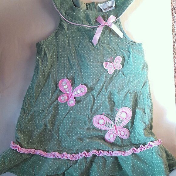 Rare Editions Girls 6 Green Corduroy Jumper Dress Pink Butterfly Bow Dots Ruffle - Picture 1 of 8